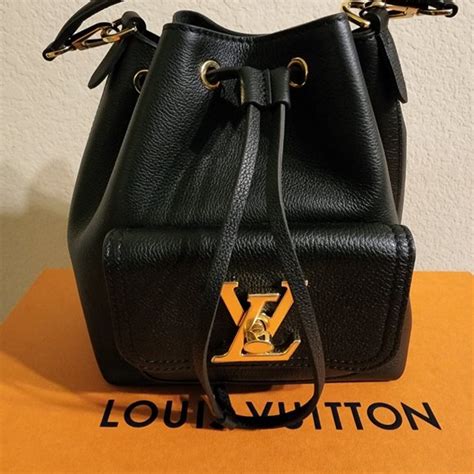 lv m57687|NIB Louis Vuitton Lockme Black Leather Bucket (M57687) Bag w .